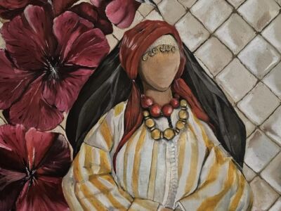 Kunstwerk van Meryem El Bakiouli, bestaande uit bloemen en een vrouw in Marokkaanse kleding.
